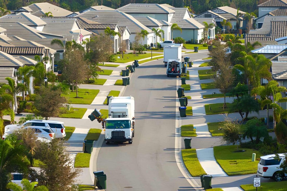 Automated modern garbage collector truck loading waste on Florida town street