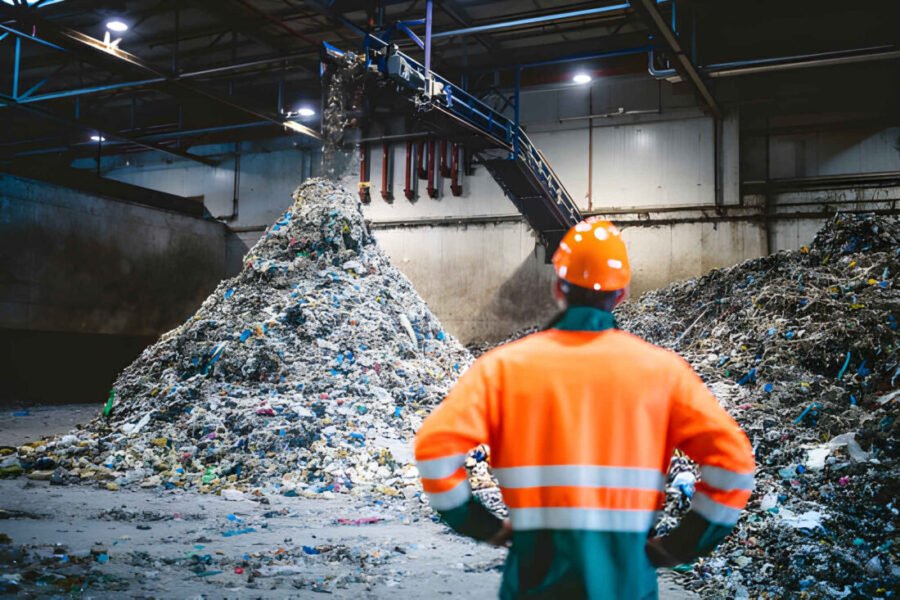 Worker Observing Processing of Waste at Recycling Facility